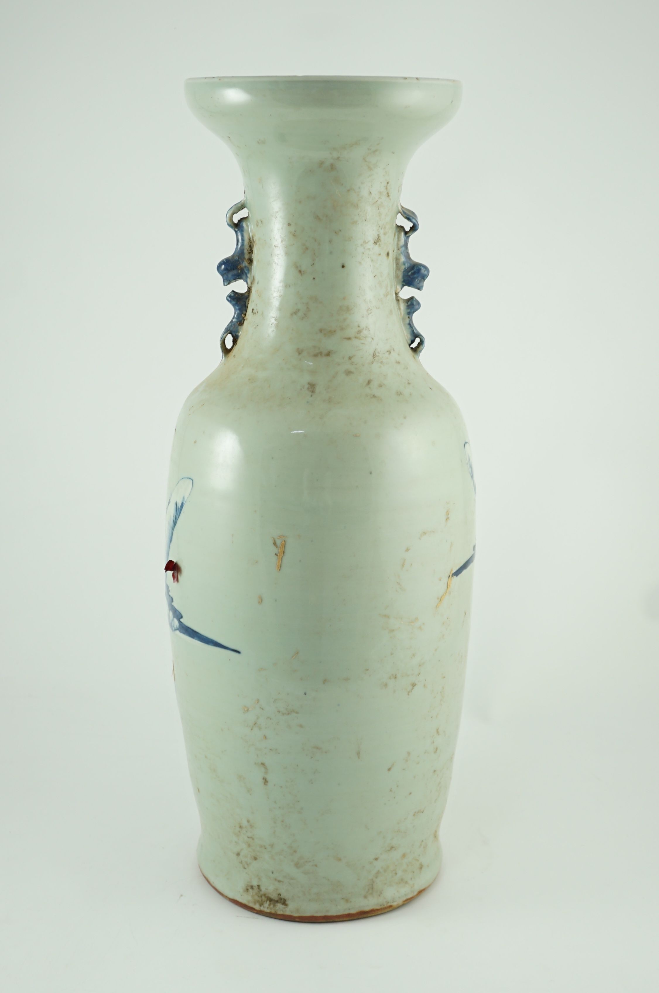 A large Chinese blue and white celadon ground vase, 19th century, 60.5cm high, rim chip